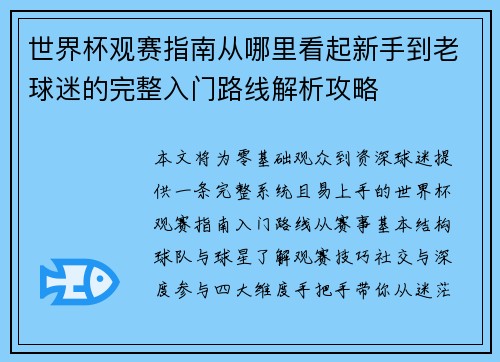 世界杯观赛指南从哪里看起新手到老球迷的完整入门路线解析攻略