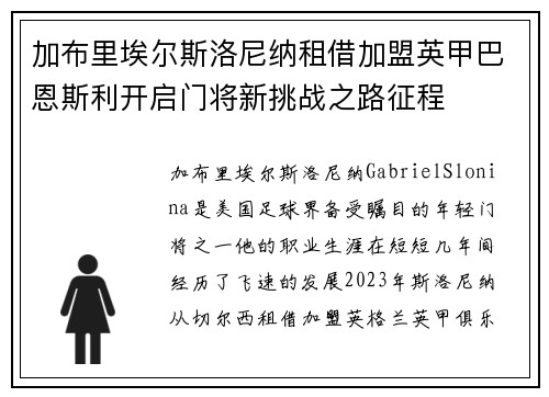 加布里埃尔斯洛尼纳租借加盟英甲巴恩斯利开启门将新挑战之路征程