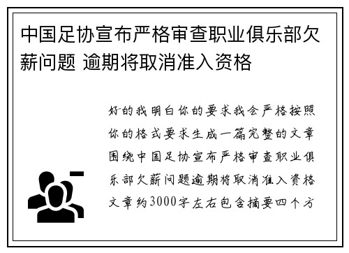 中国足协宣布严格审查职业俱乐部欠薪问题 逾期将取消准入资格